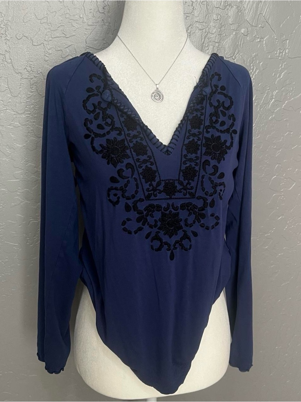 Women's Navy Embroidered V-Neck Top